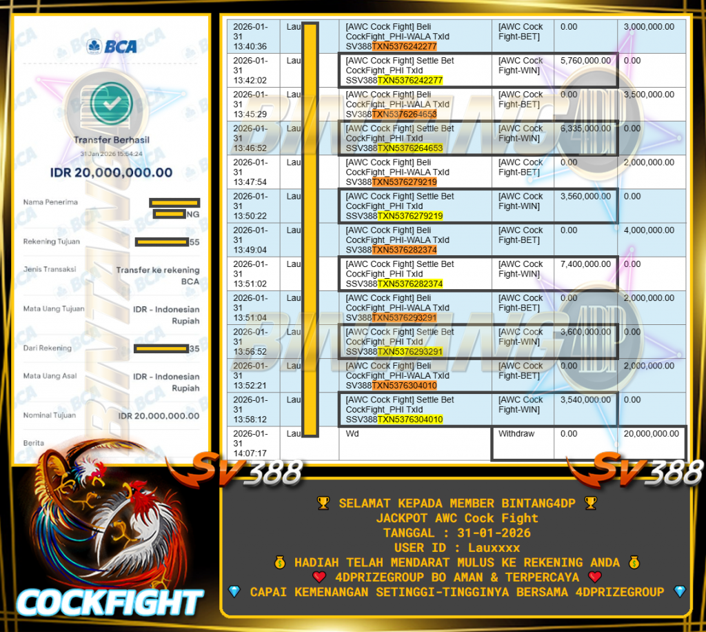 BINTANG4DP JACKPOT AWC Cock Fight Rp20.000.000,- LUNAS
