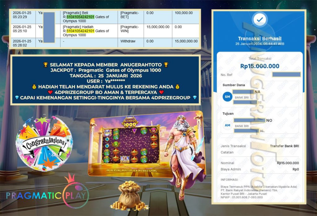 ANUGERAHTOTO JACKPOT PRAGMATIC SLOT “Gates of Olympus 1000” Rp 15.000.000,- LUNAS