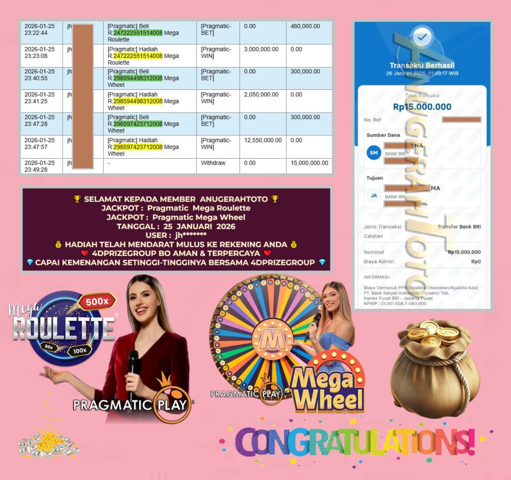 ANUGERAHTOTO JACKPOT PRAGMATIC Live Game “Pragmatic Mega Roulette & Pragmatic Mega Wheel” Rp 15.000.000,- LUNAS