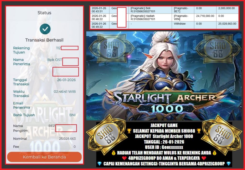 SHIO88 JACKPOT STARLIGHT ARCHER 1000 Rp.25.028.663,- LUNAS
