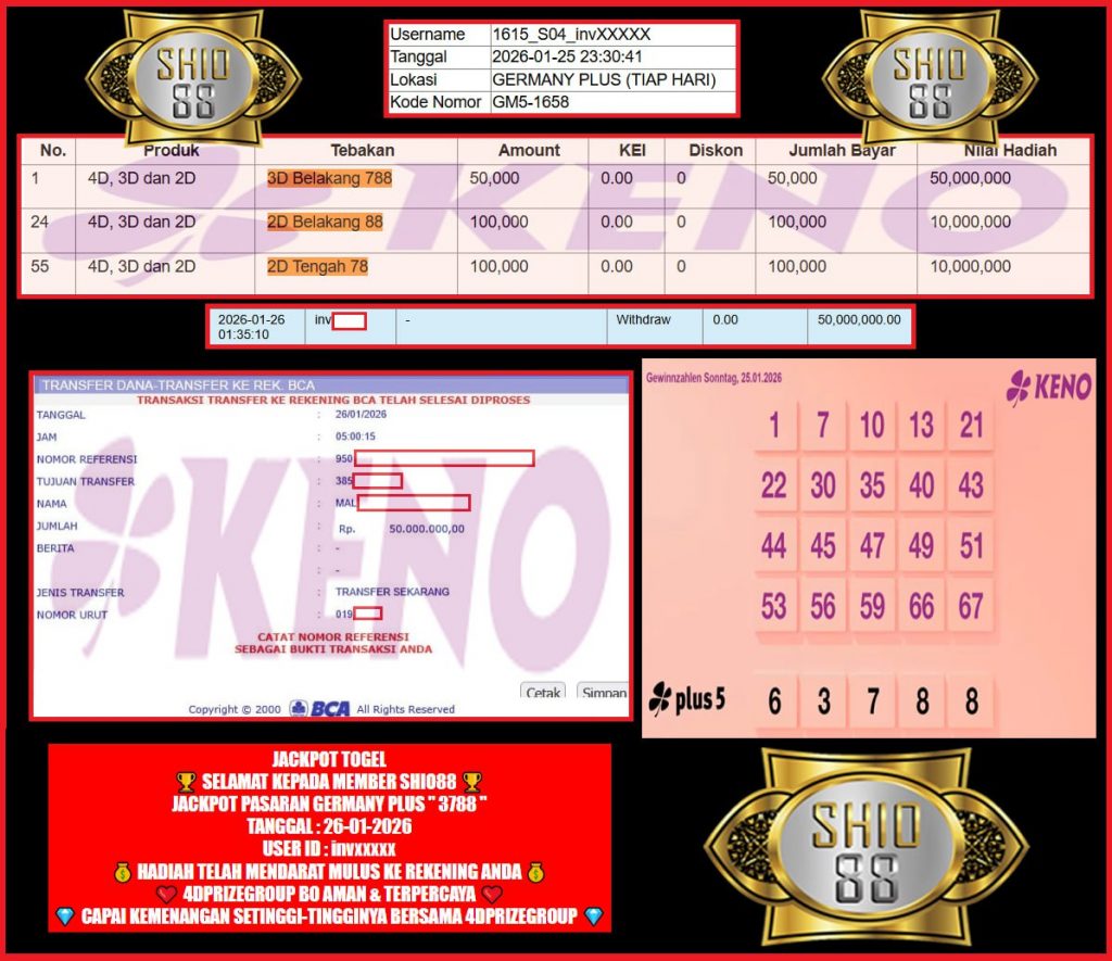 SHIO88 JACKPOT PASARAN GERMANY PLUS Rp.50.000.000,- LUNAS