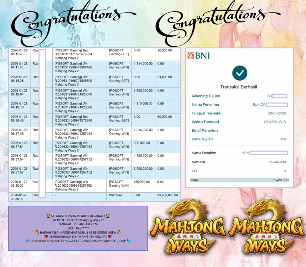 AKSARA4D JACKPOT PGSOFT MAHJONG WAYS 2 Rp.13.400.000,- LUNAS