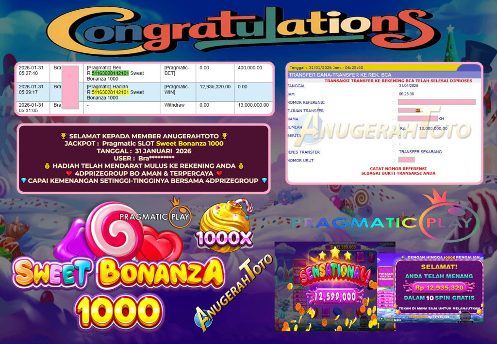 ANUGERAHTOTO JACKPOT PRAGMATIC SLOT “Sweet Bonanza 1000” Rp 13.000.000,- LUNAS