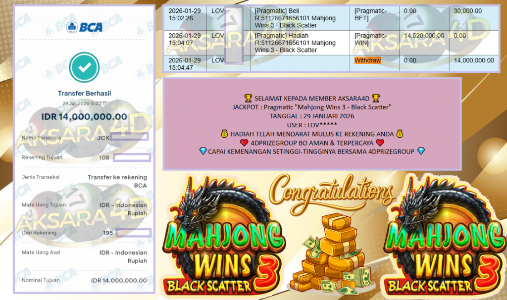 AKASARA4D JACKPOT PRAGMATIC “Mahjong Wins 3 – Black Scatter” Rp.14.000.000,- LUNAS