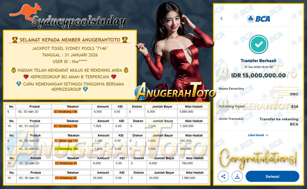 ANUGERAHTOTO JACKPOT TOGEL SYDNEY POOLS “7146” Rp 15.000.000,- LUNAS