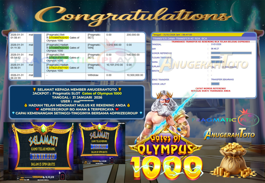 ANUGERAHTOTO JACKPOT PRAGMATIC SLOT “Gates of Olympus 1000” Rp 10.500.000,- LUNAS