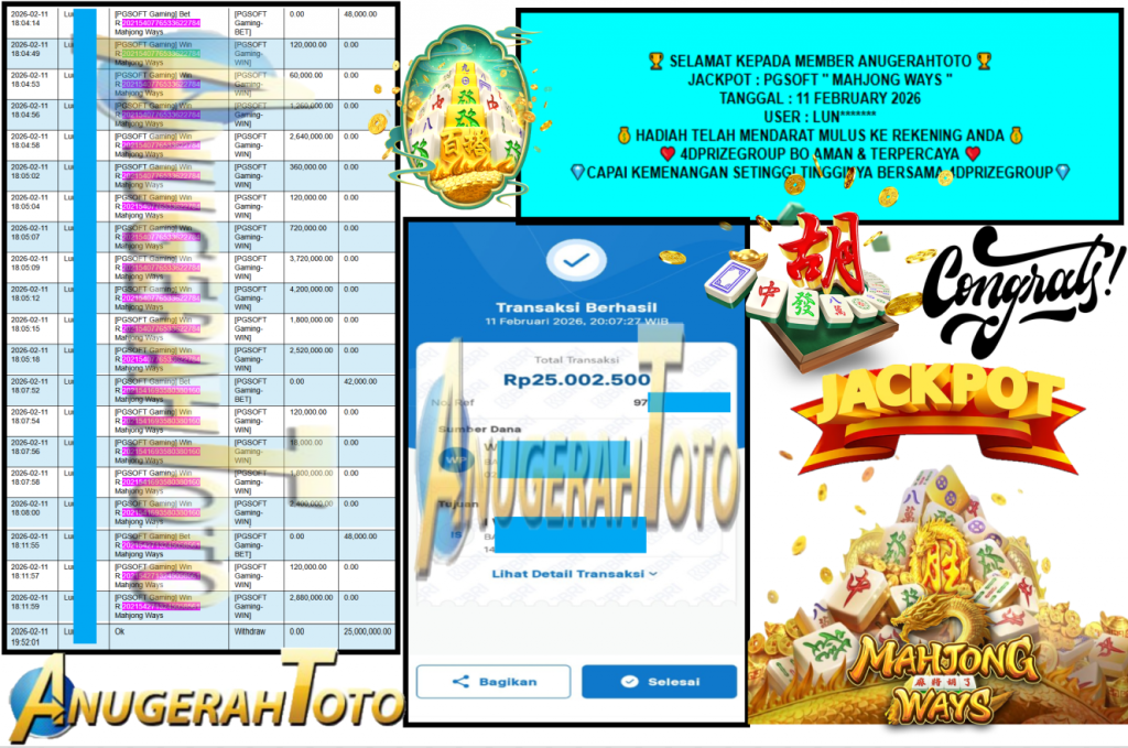 ANUGERAHTOTO JACKPOT PGSOFT “MAHJONG WAYS” Rp 25,000.000,- LUNAS
