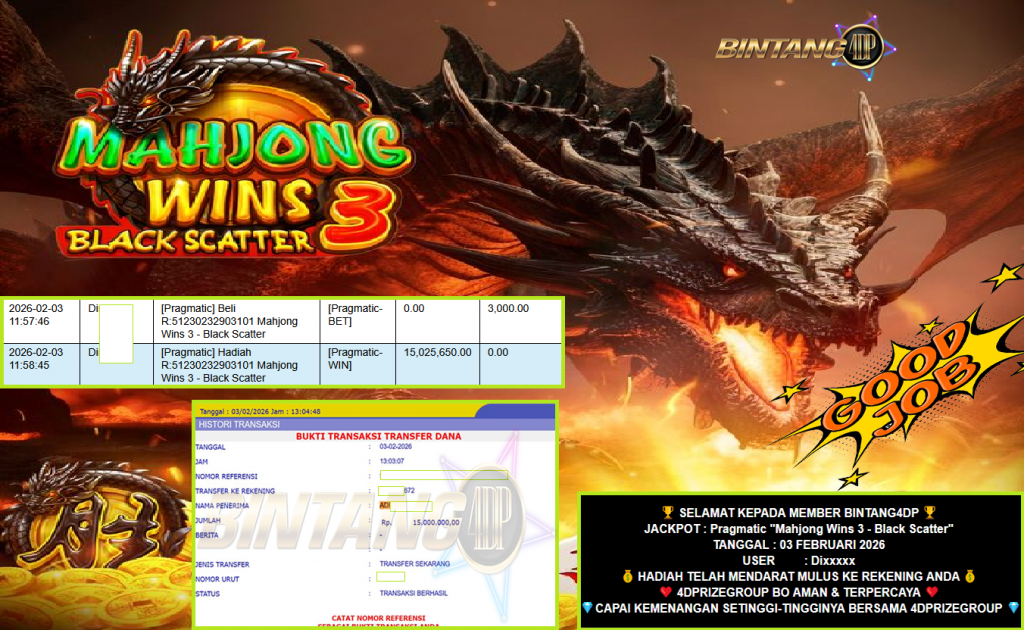 BINTANG4DP JACKPOT PRAGMATIC “Mahjong Wins 3 – Black Scatter”‎‏‏‎‎ Rp 15.000.000,- LUNAS