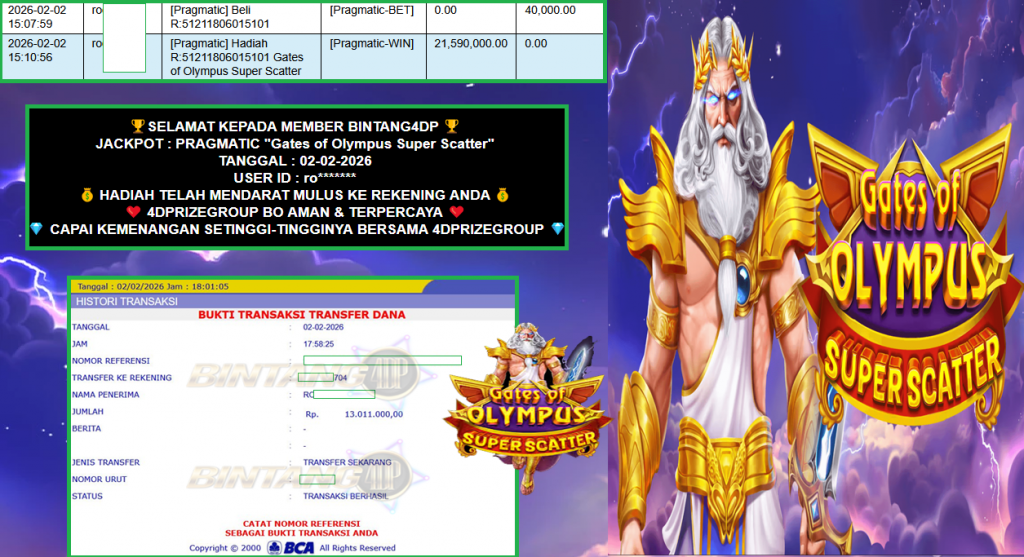 BINTANG4DP JACKPOT PRAGMATIC “Gates of Olympus Super Scatter” ‎‏‏‎Rp 13.011.000,- LUNAS