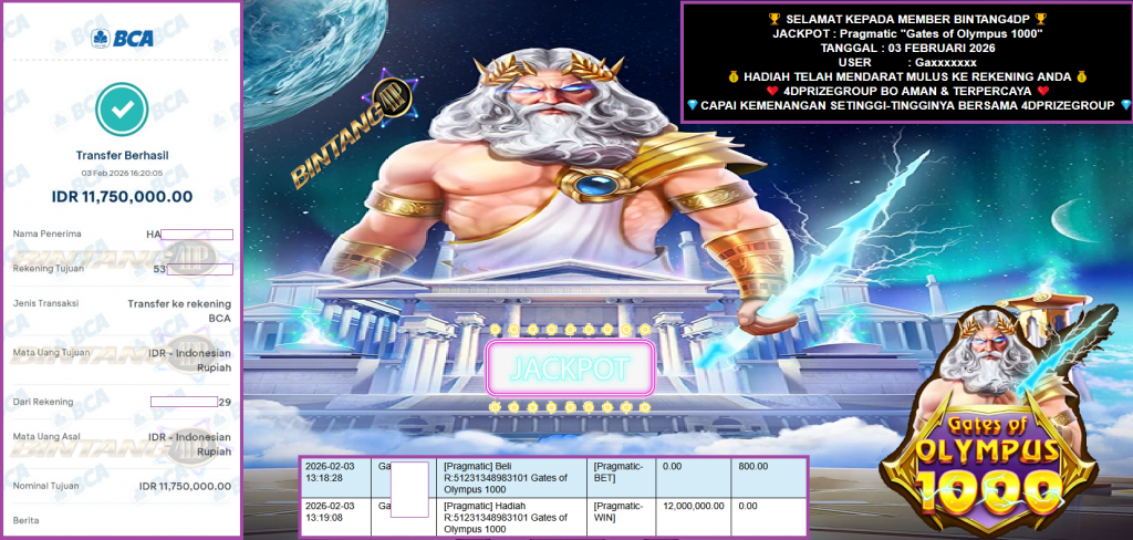 BINTANG4DP JACKPOT PRAGMATIC “Gates of Olympus 1000″‎‏‏‎‎ Rp 11.750.000,- LUNAS