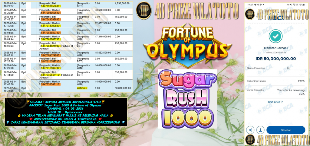 4DPRIZEWLATOTO JACKPOT PRAGMATIC ” Sugar Rush 1000 & Fortune of Olympus ” Rp 100,000,000,- LUNAS