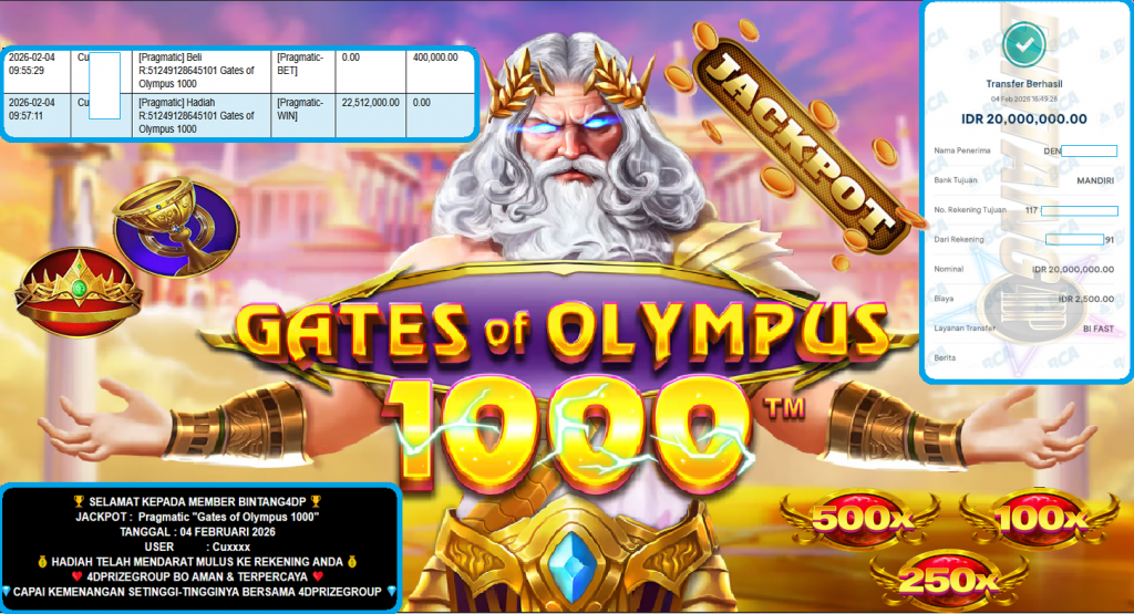 BINTANG4DP JACKPOT PRAGMATIC “Gates of Olympus 1000″‎‏‏‎‎ Rp 20.000.000,- LUNAS