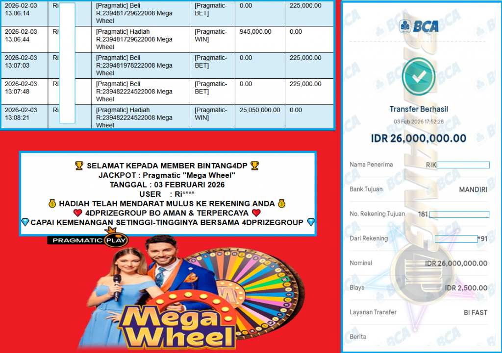 BINTANG4DP JACKPOT PRAGMATIC “Mega Wheel”‎‏‏‎‎ Rp 26.000.000,- LUNAS