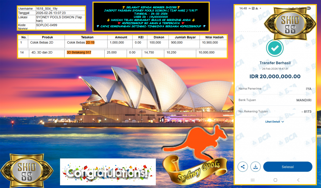 SHIO88 JACKPOT PASARAN SYDNEY POOLS DISKON ”1917” ‎‎‏ Rp 20.000.000,- LUNAS