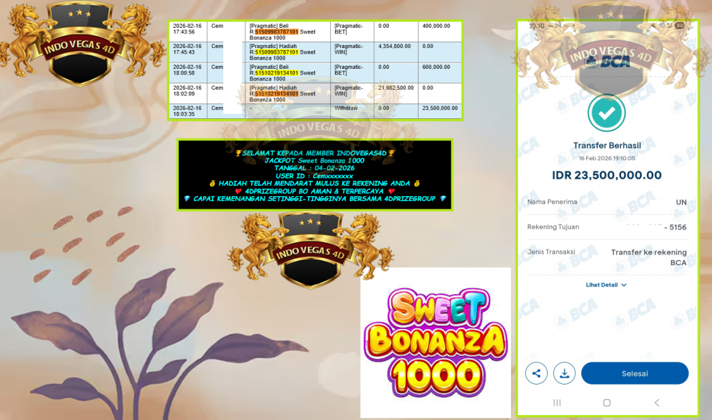 INDOVEGAS4D JACKPOT PRAGMATIC ” Sweet Bonanza 1000 ” Rp 23,500,000,- LUNAS