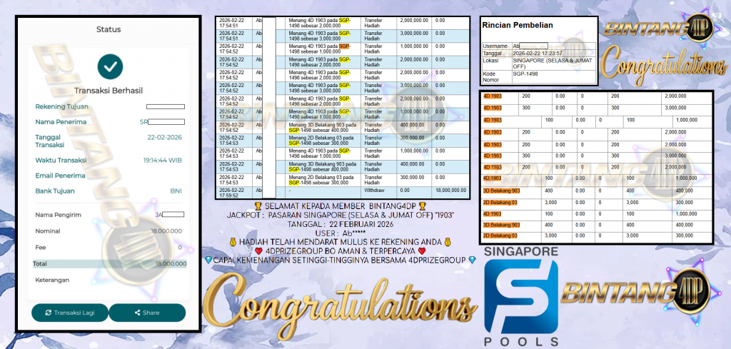 BINTANG4DP JACKPOT PASARAN ” SINGAPORE (SELASA & JUMAT OFF) ”1903″ ” Rp 18,000.000,- LUNAS