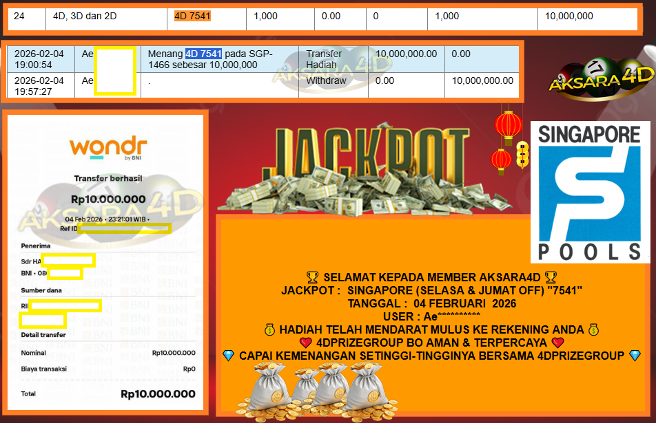 AKSARA4D JACKPOT PASARAN SINGAPORE (SELASA & JUMAT OFF) “7541”‎‏‏‎ Rp10.000.000,- LUNAS