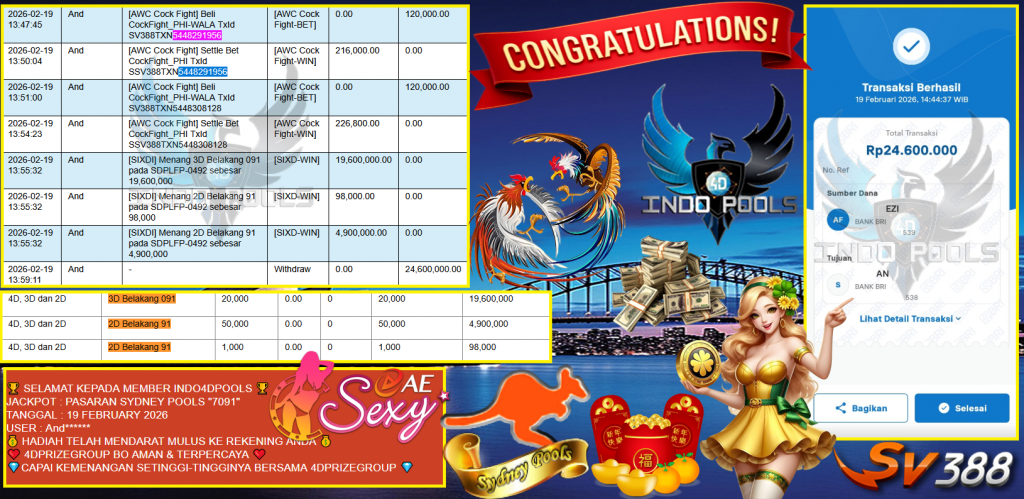 INDO4DPOOLS JACKPOT PASARAN SYDNEY POOLS “7091” & AWC Cock Fight ”SSV388” Rp24.600.000,- LUNAS