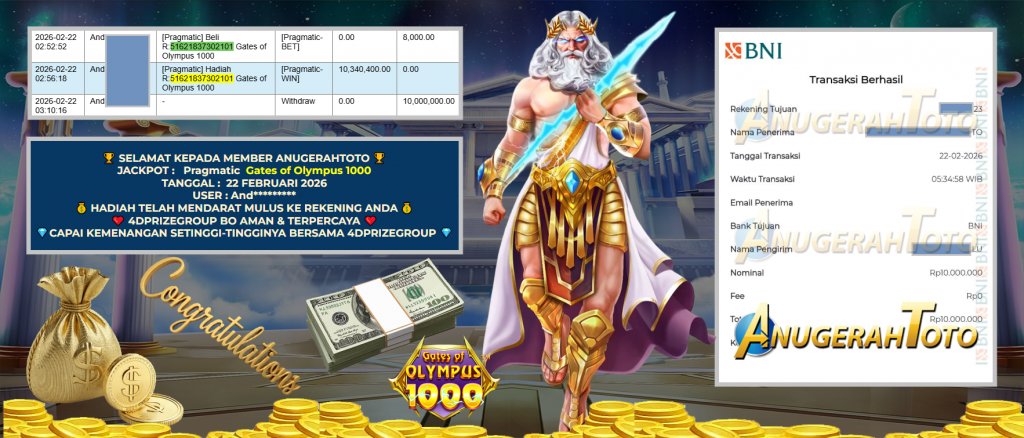 ANUGERAHTOTO JACKPOT PRAGMATIC SLOT ” Gates of Olympus 1000 ” Rp 10.000.000,- LUNAS