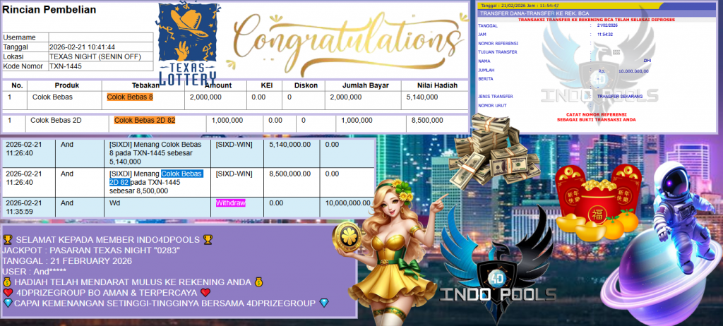 INDO4DPOOLS JACKPOT PASARAN TEXAS NIGHT “0283” Rp10.000.000,- LUNAS