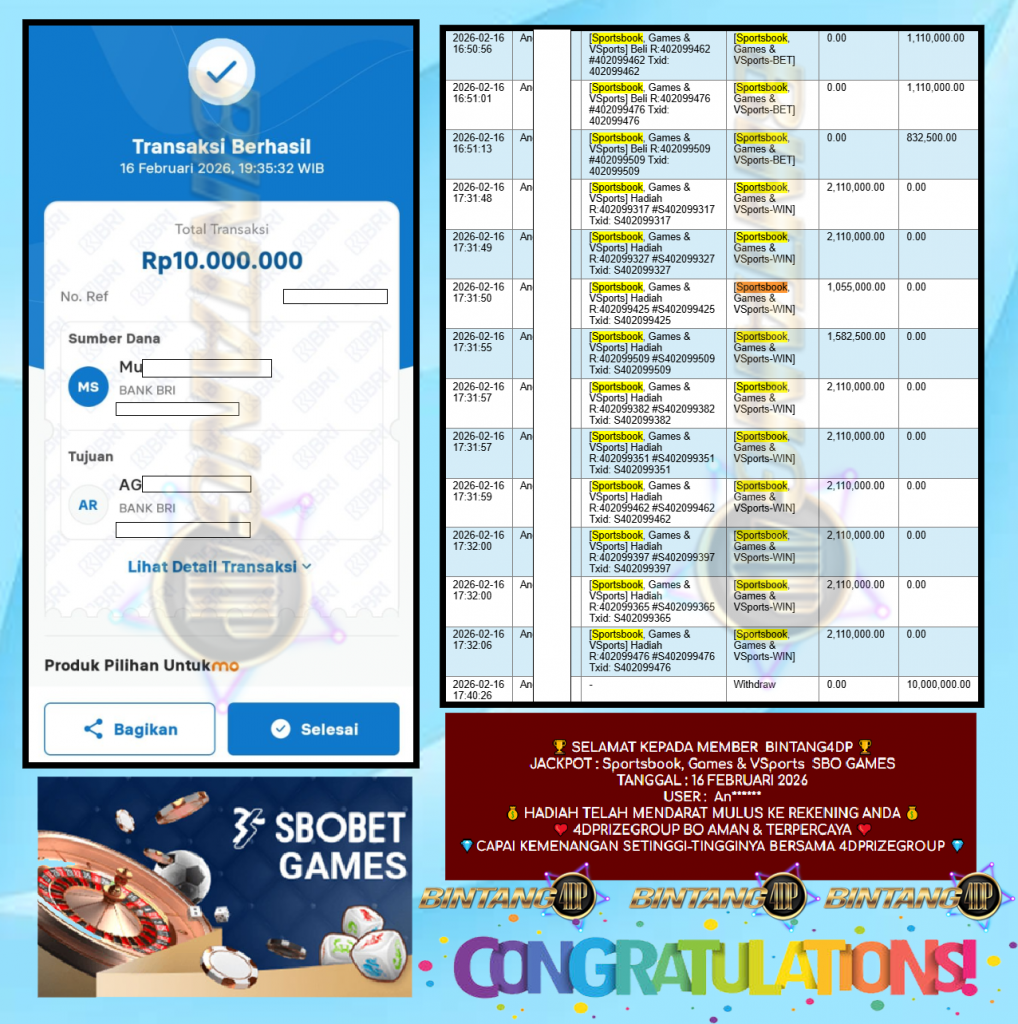 BINTANG4DP JACKPOT SBO GAMES ” Sportsbook, Games & VSports SBO GAMES ” Rp 10,000,000,- LUNAS