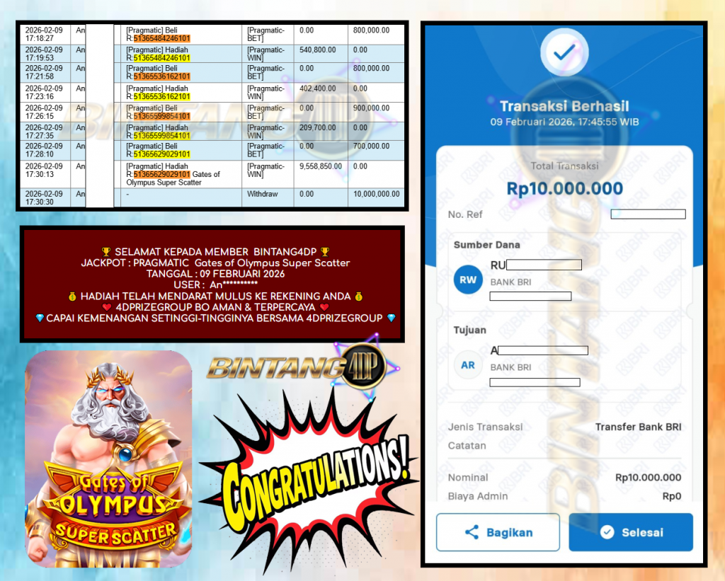 BINTANG4DP JACKPOT PRAGMATIC “Gates of Olympus Super Scatter” Rp 10,000.000,- LUNAS