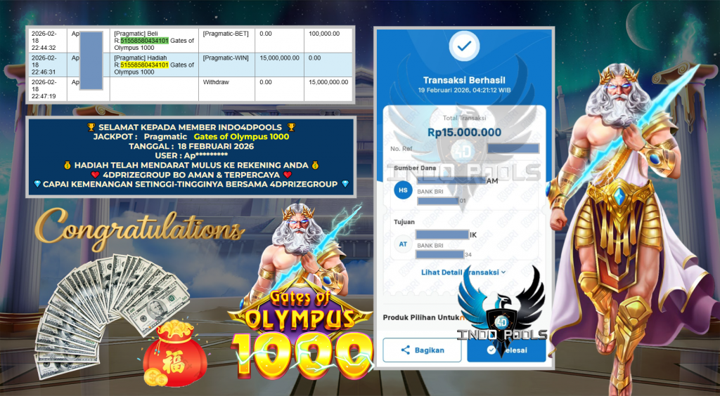 INDO4DPOOLS JACKPOT PRAGMATIC SLOT ” Gates of Olympus 1000 ” Rp 15.000.000,- LUNAS