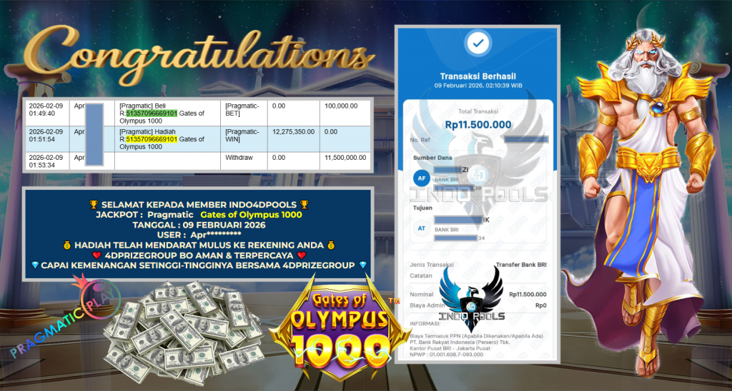 INDO4DPOOLS JACKPOT PRAGMATIC SLOT ” Gates of Olympus 1000 ” Rp 11.500.000,- LUNAS