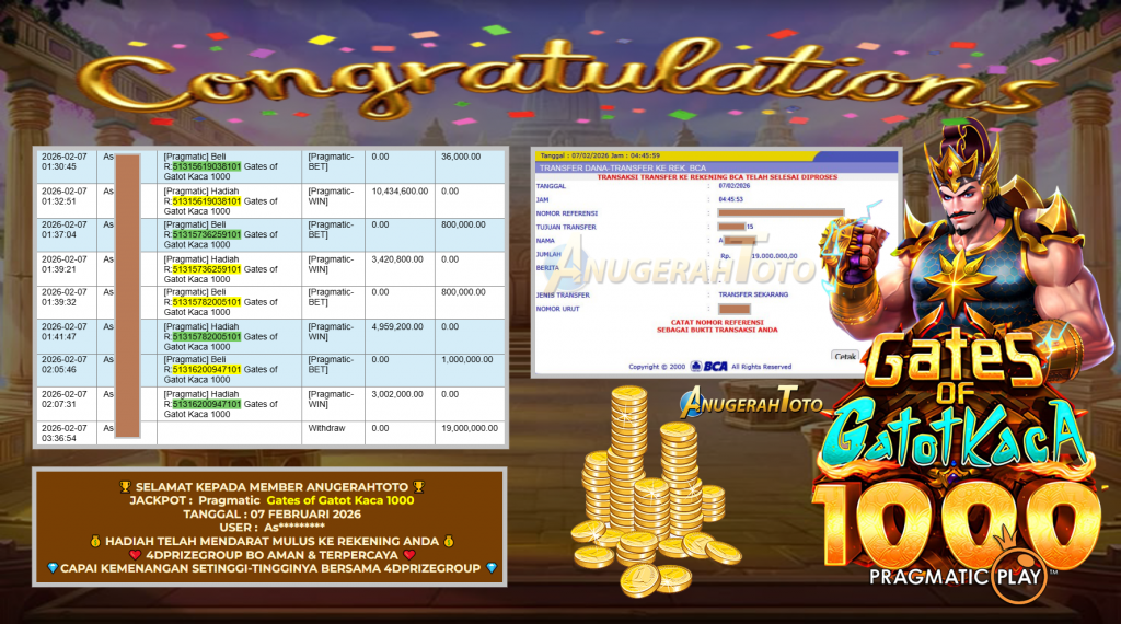 ANUGERAHTOTO JACKPOT PRAGMATIC SLOT ” Gates of Gatot Kaca 1000 ” Rp 19.000.000,- LUNAS