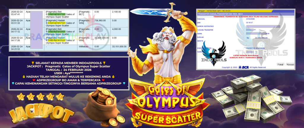 INDO4DPOOLS JACKPOT PRAGMATIC SLOT ” Gates of Olympus Super Scatter ” Rp 33.151.000,- LUNAS