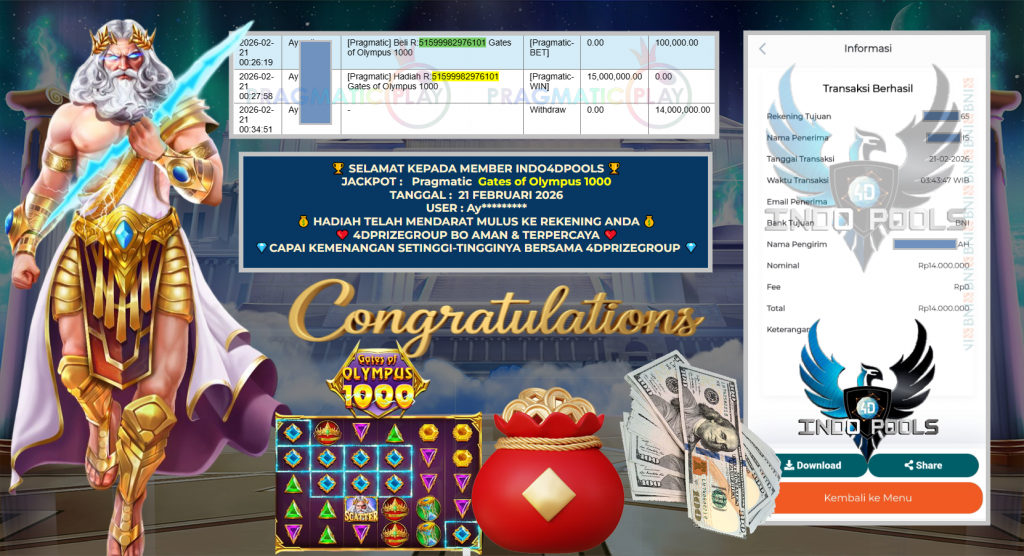 INDO4DPOOLS JACKPOT PRAGMATIC SLOT ” Gates of Olympus 1000 ” Rp 14.000.000,- LUNAS