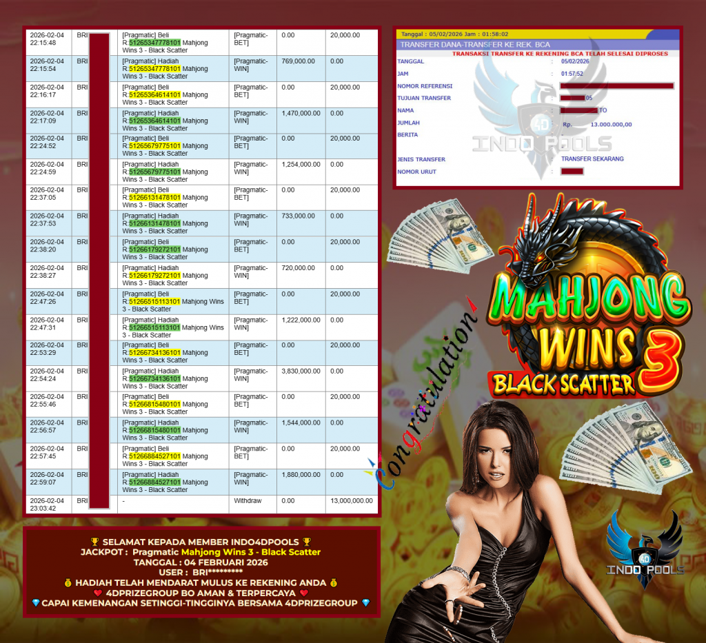 INDO4DPOOLS JACKPOT PRAGMATIC SLOT ” Mahjong Wins 3 – Black Scatter ” Rp 13.000.000,- LUNAS