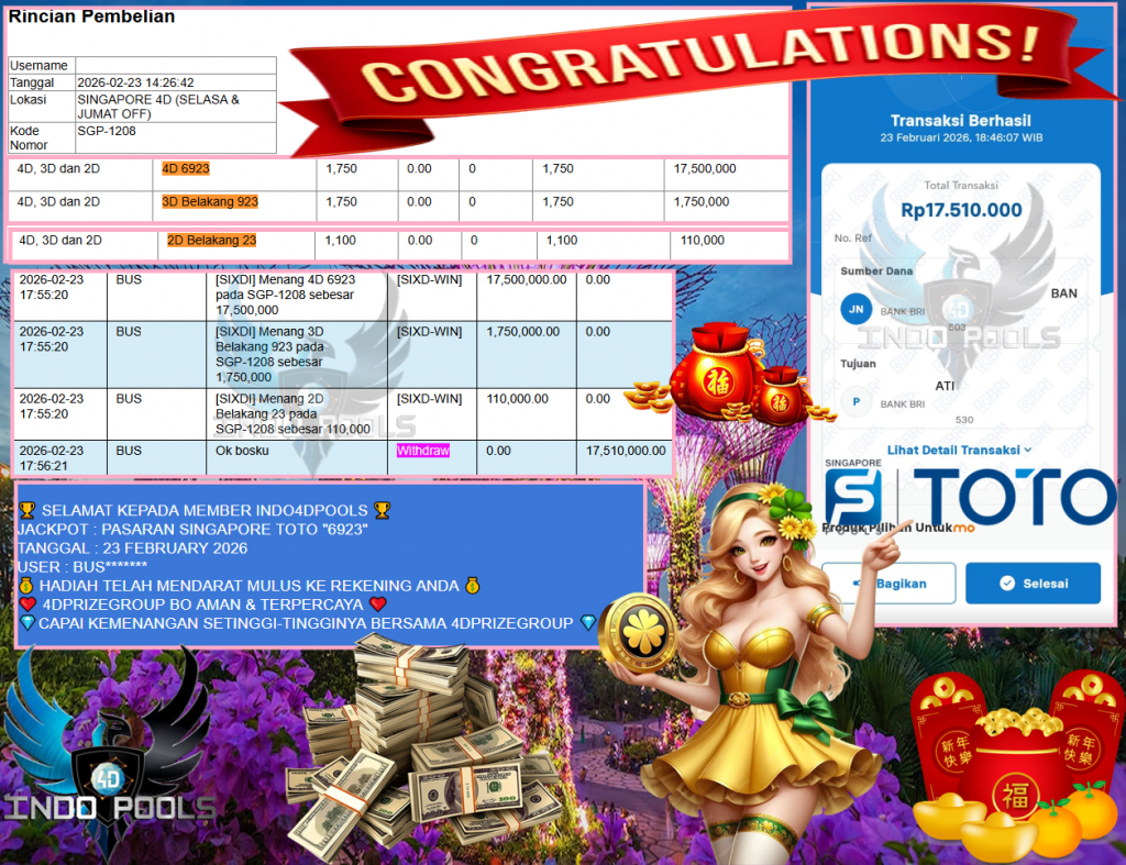INDO4DPOOLS JACKPOT PASARAN SINGAPORE TOTO “6923” Rp17.510.000,- LUNAS