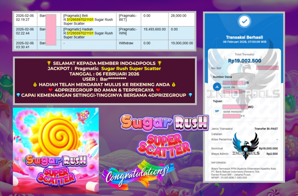 INDO4DPOOLS JACKPOT PRAGMATIC SLOT ” Sugar Rush Super Scatter ” Rp 19.000.000,- LUNAS