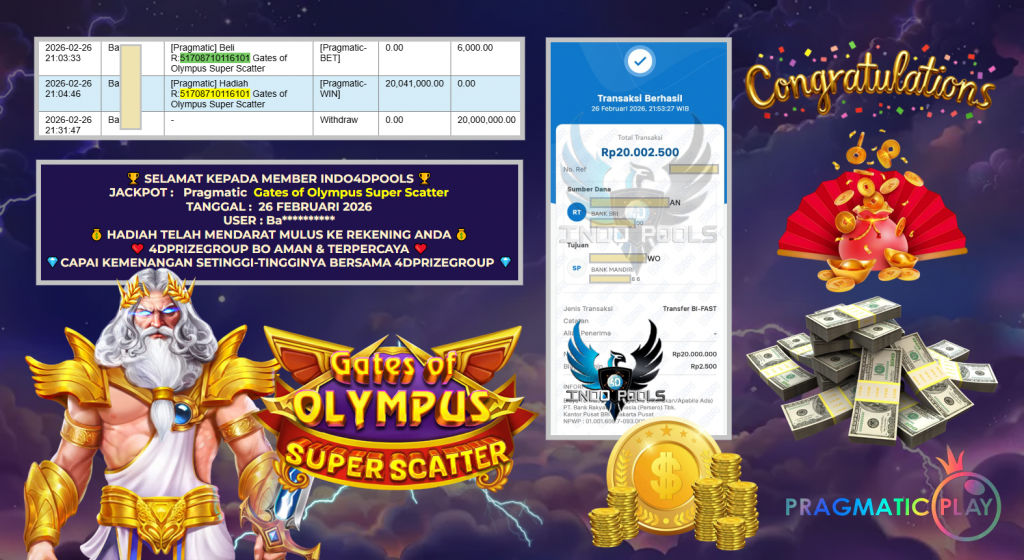 INDO4DPOOLS JACKPOT PRAGMATIC ” Gates of Olympus Super Scatter ” Rp 20.000.000 ,- LUNAS