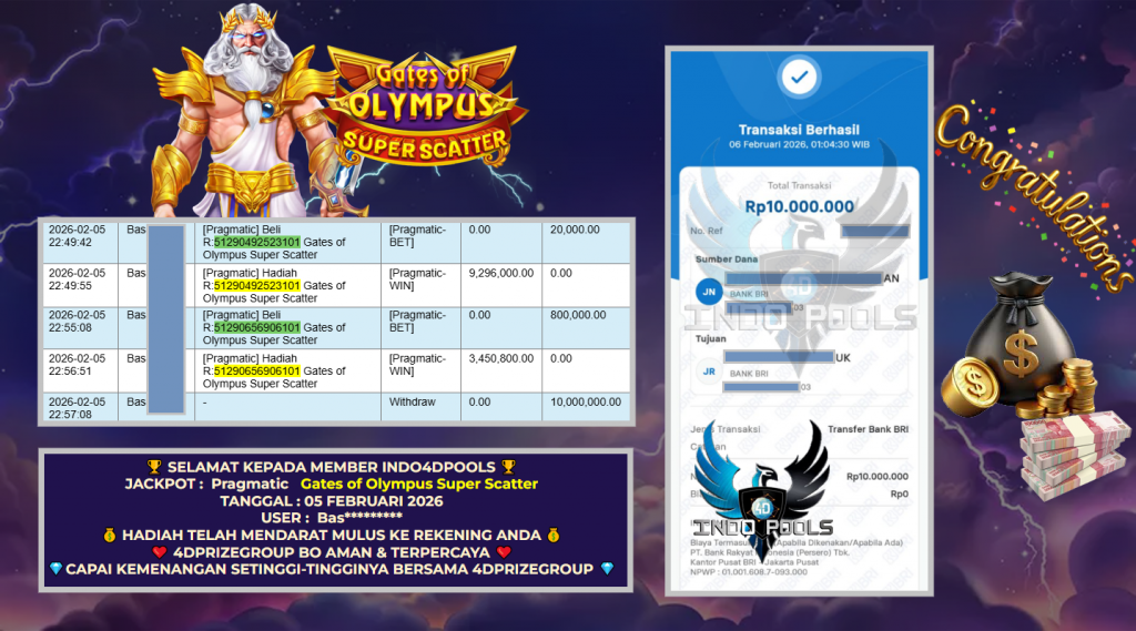 INDO4DPOOLS JACKPOT PRAGMATIC SLOT ” Gates of Olympus Super Scatter ” Rp 10.000.000,- LUNAS