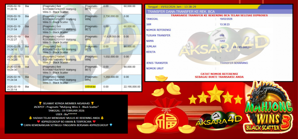 AKSARA4D JACKPOT PRAGMATIC “Mahjong Wins 3 – Black Scatter”‎‏‏‎‎ Rp22.195.000,- LUNAS