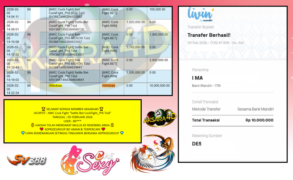 AKSARA4D JACKPOT AWC Cock Fight “Settle Bet CockFight_PHI TxId” ‎‎‏‏‎‎‏‏Rp10.000.000,- LUNAS