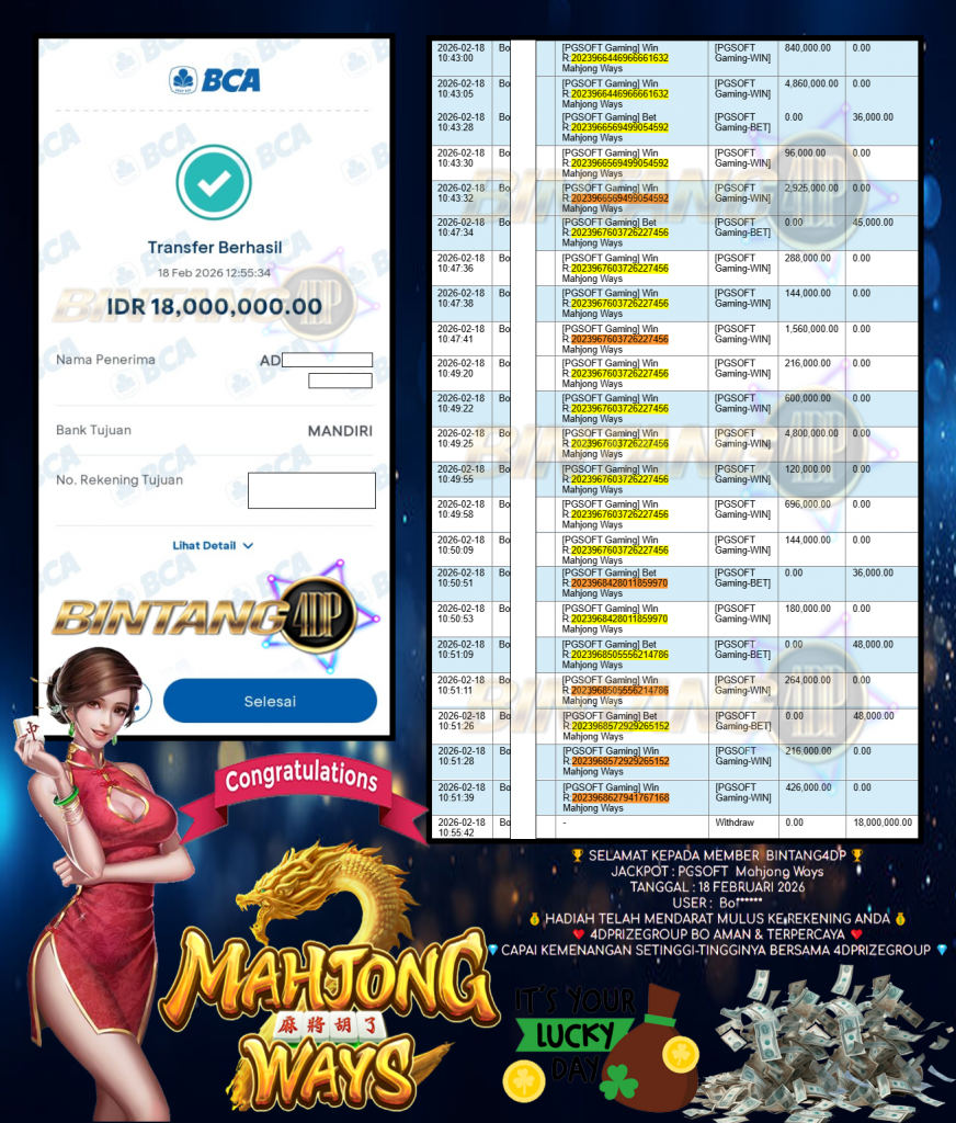 BINTANG4DP JACKPOT PGSOFT ” Mahjong Ways ” Rp 18,000,000,- LUNAS