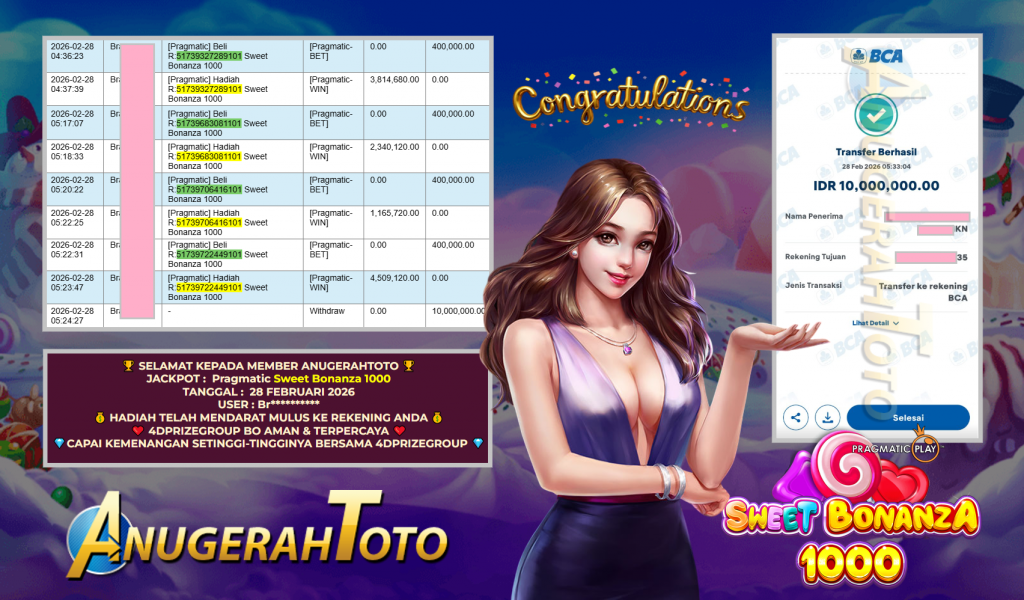 ANUGERAHTOTO JACKPOT PRAGMATIC ” Sweet Bonanza 1000 ” Rp 10.000.000 ,- LUNAS