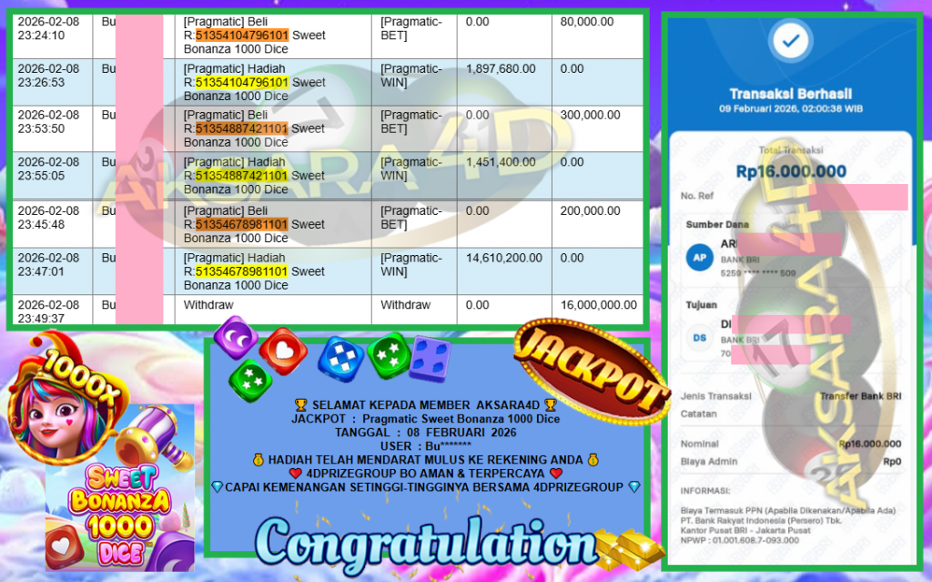 AKSARA4D JACKPOT PRAGMATIC SLOT “Sweet Bonanza 1000 Dice”‎‏‏‎‎ Rp16.000.000,- LUNAS