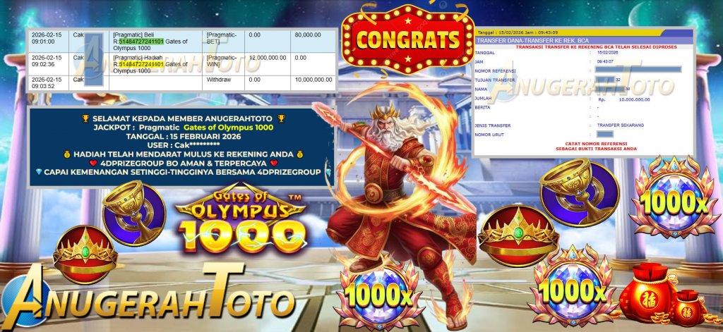 ANUGERAHTOTO JACKPOT PRAGMATIC SLOT ”Gates of Olympus 1000” Rp10,000.000,- LUNAS