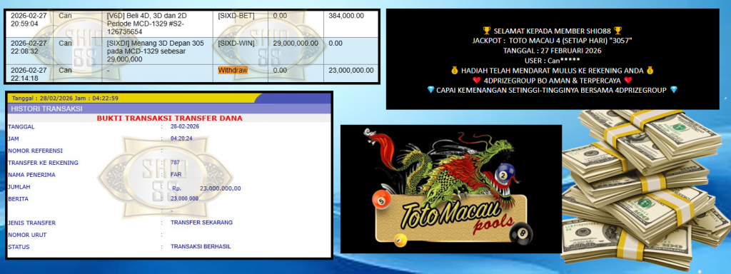SHIO88 JACKPOT TOTO MACAU 4 (SETIAP HARI) “3057” Rp23.000.000,- LUNAS