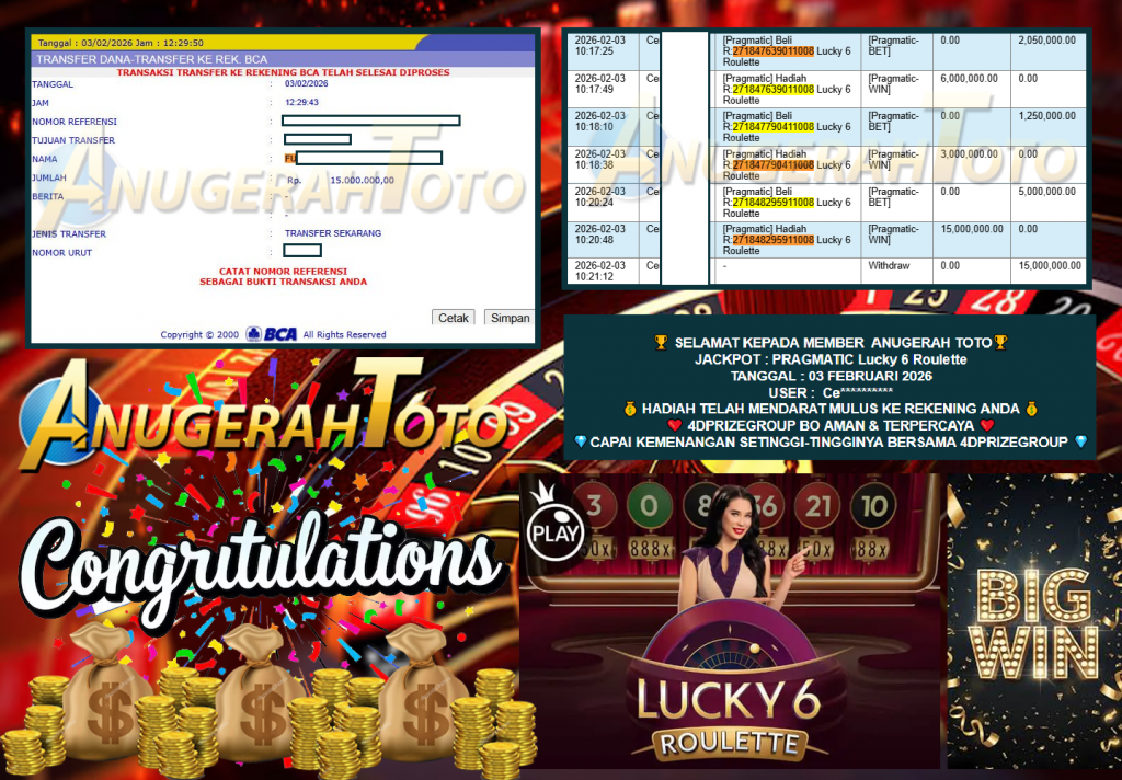 ANUGERAH TOTO PRAGMATIC “Lucky 6 Roulette”‎‏‏‎‎ Rp 15.000.000,- LUNAS