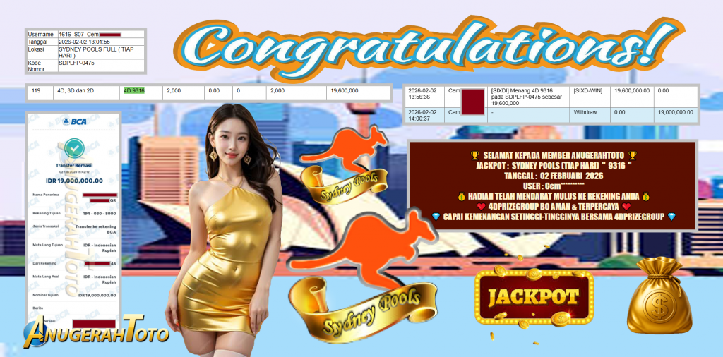 ANUGERAHTOTO JACKPOT PASARAN SYDNEY POOLS (TIAP HARI) “9316”‎‏‏‎ Rp 19.000.000,- LUNAS
