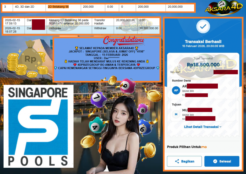 AKSARA4D JACKPOT PASARAN SINGAPORE (SELASA & JUMAT OFF) “4198”‎‏‏‎ Rp18.500.000,- LUNAS