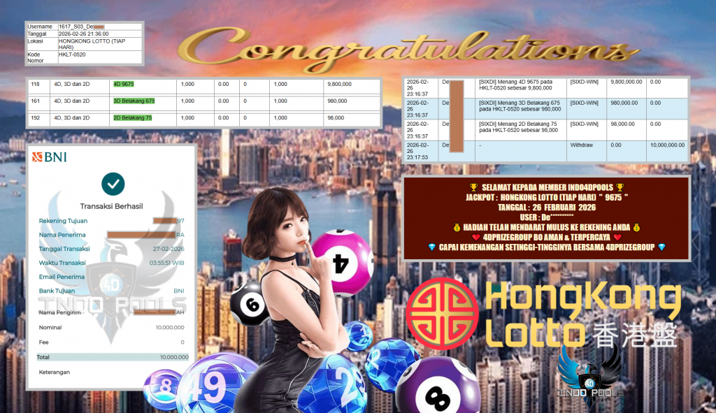 INDO4DPOOLS JACKPOT PASARAN HONGKONG LOTTO (TIAP HARI) ” 9675 ” Rp 10.000.000,- LUNAS