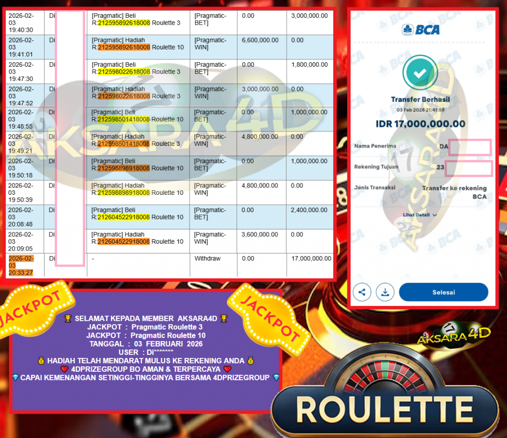 AKSARA4D JACKPOT PRAGMATIC “Roulette 3 & Roulette 10″‎‏‏‎‎ Rp17.000.000,- LUNAS