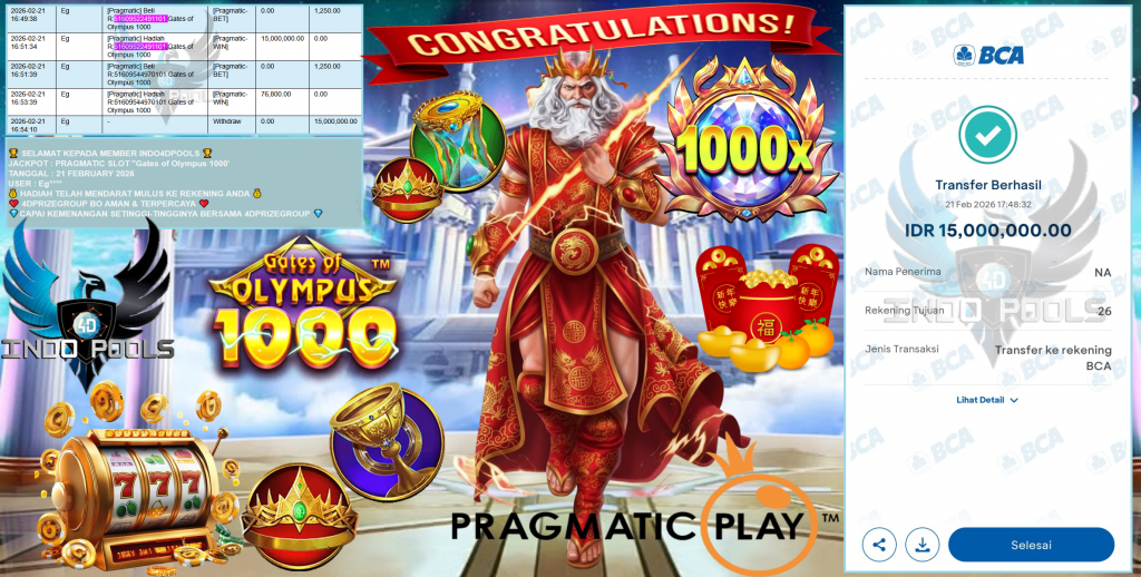 INDO4DPOOLS JACKPOT PRAGMATIC SLOT ”Gates of Olympus 1000” Rp15,000.000,- LUNAS