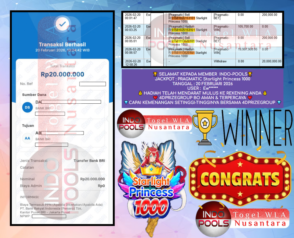 INDO-POOLS JACKPOT PRAGMATIC ” Starlight Princess 1000 ” Rp 20.000.000,- LUNAS